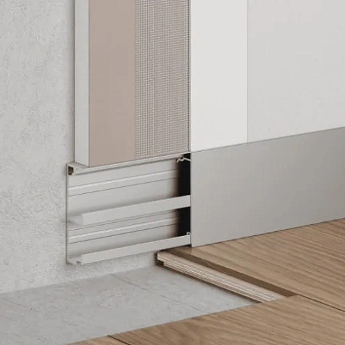 СКРЫТЫЙ ПЛИНТУС С КАБЕЛЬ-КАНАЛОМ СЕРЕБРИСТЫЙ МАТОВЫЙ ПЛИНТУС  ЛИКОРН ЛАЙН